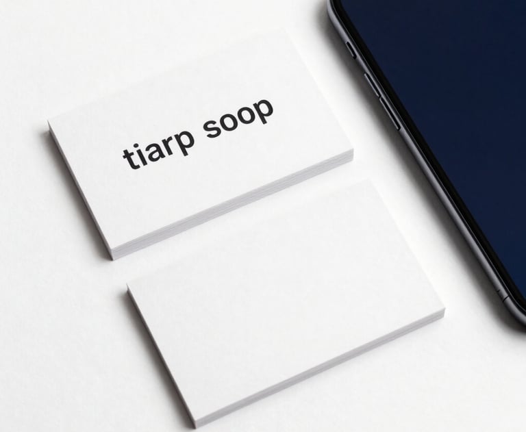 A minimalist overhead shot of high-end startup business cards and a sleek smartphone in a high-contrast white and dark blue setting.