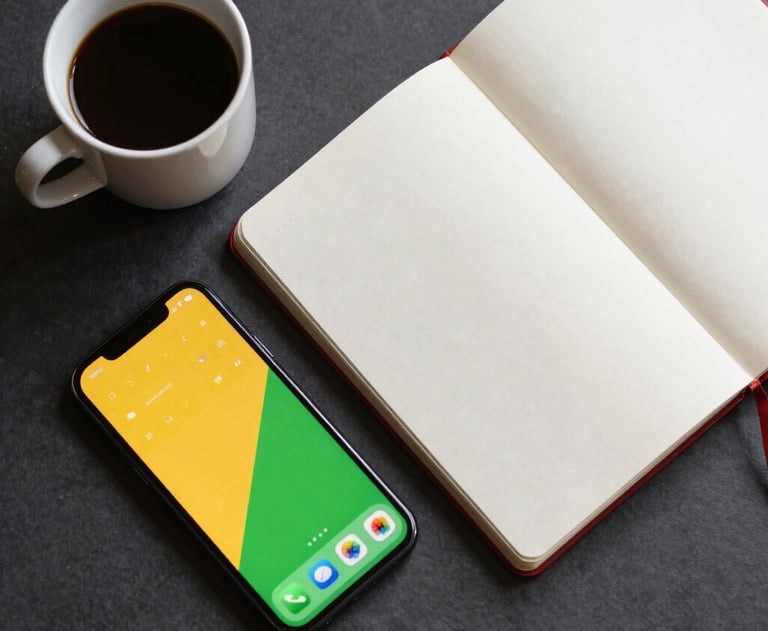 An artistic overhead shot of a clean workspace with a notebook, a cup of coffee, and a smartphone displaying a yellow and green app interface.