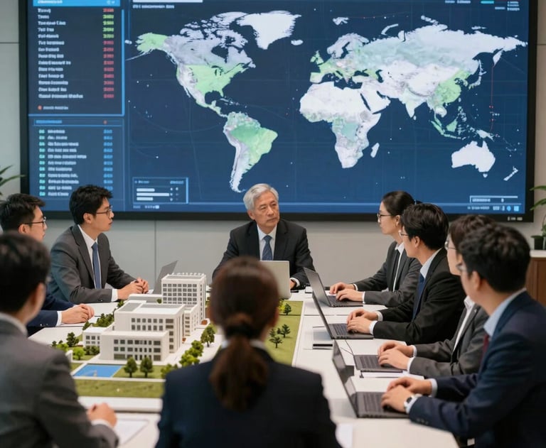 A professional business meeting in progress, with people looking at architectural models and digital dashboards on a large wall screen. Global Professional / International.