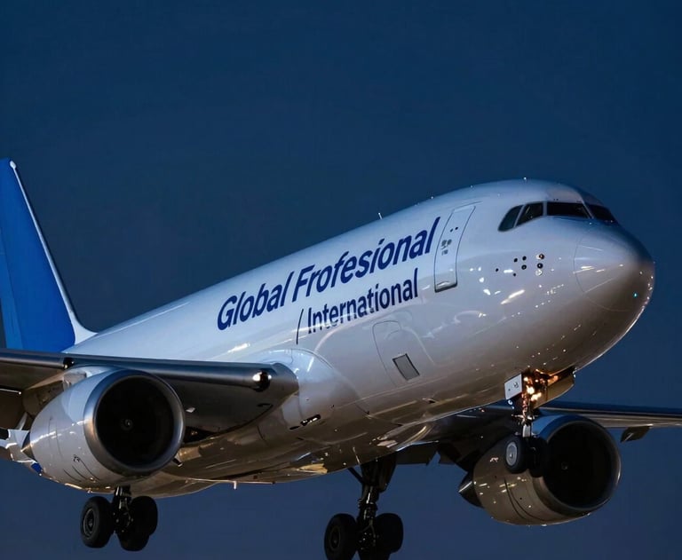A low-angle shot of a cargo plane at night with professional blue lighting, emphasizing global reach and logistics expertise. Global Professional / International.