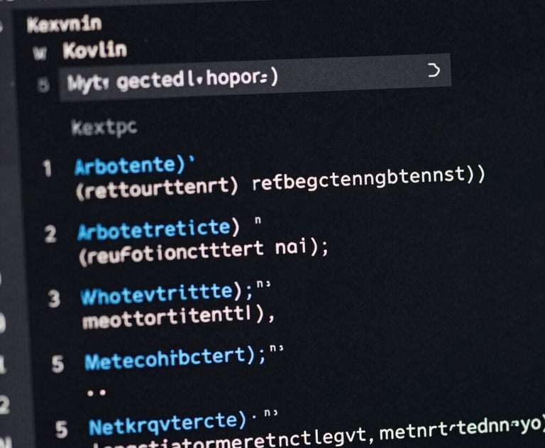 A close-up of a code editor window showing clean Kotlin code with syntax highlighting in light blue and white. The focus is sharp, suggesting reliability and precision.