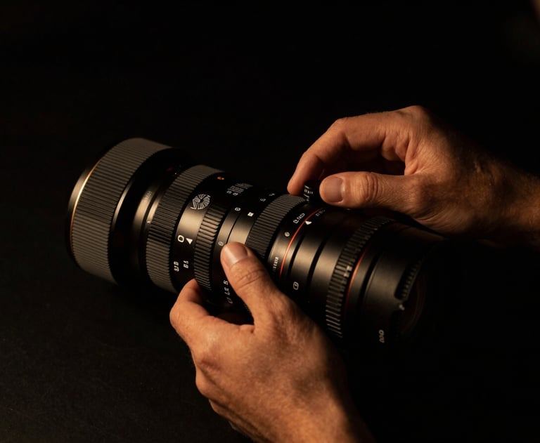 Hands adjusting luxury studio gear, high-contrast chiaroscuro, golden highlights