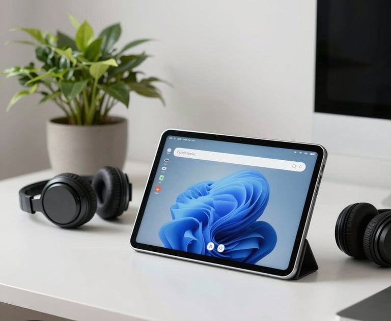 An aesthetic shot of an Android tablet sitting next to a potted plant and a pair of headphones. Modern, clean, and practical North American home office.