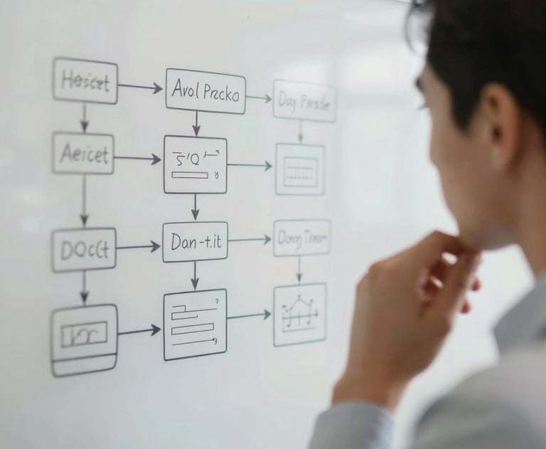 A close-up photograph of a person in a bright US office setting, thinking while looking at a whiteboard filled with app architecture diagrams. Soft Platinum tones.