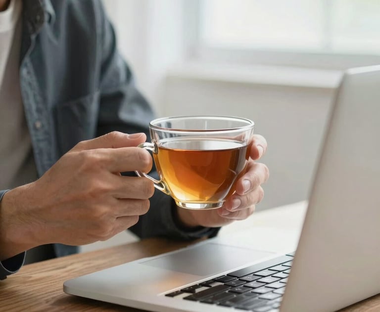 A close-up of a person's hands holding a cup of tea while looking at a laptop in a bright room. The atmosphere is calm, collaborative, and professional.