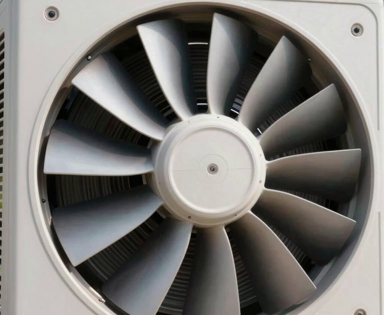 A close-up photograph of a clean, high-performance residential AC condenser fan blades turning under bright, clear daylight, showcasing domestic comfort.