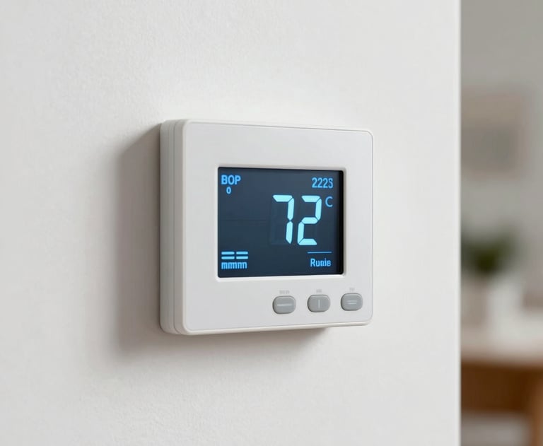 A modern digital thermostat displaying a perfect 72 degrees cool temperature readout, mounted on a clean white residential wall in home comfort scene.