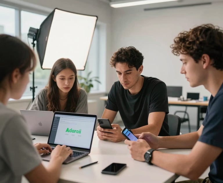 A bright, professional North American studio space where a team is collaborating around an Android dev kit. The lighting is innovative and professional.