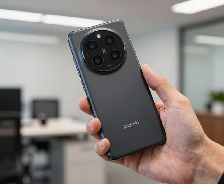 A close-up of a person's hand holding a high-end Android phone against a blurred background of a North American office. The focus is on the premium, professional feel of the hardware.