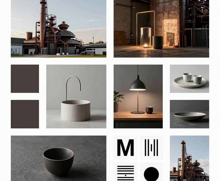 A moodboard in a designer's studio featuring photos of German industrial architecture, minimalist product details, and typography samples. Very organized and clean.