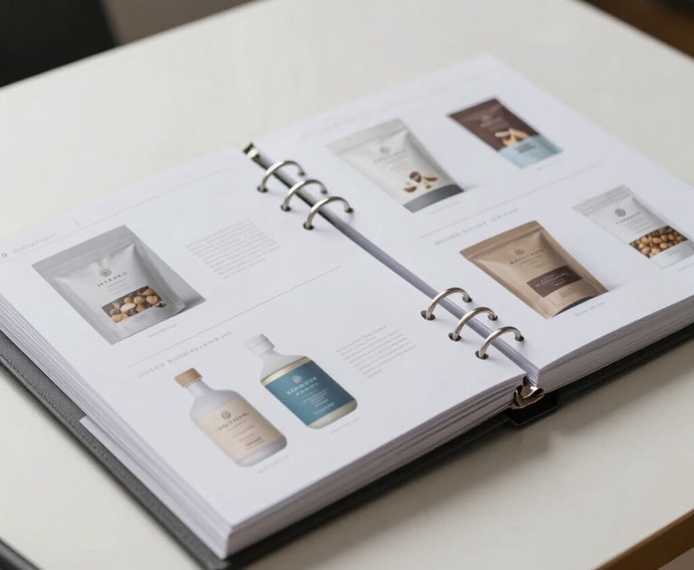 A close-up shot of an industrial designer's portfolio binder with clean, professional layouts of packaging designs. The binder is silver-gray, on an off-white table.