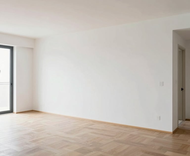 Clean, wide shot of an empty modern apartment with fresh white drywall. Natural light, Brazilian architecture, ready for furniture.