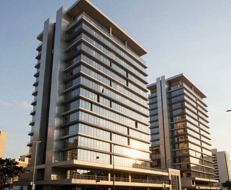 Wide shot of a modern architectural project in Brazil during golden hour, with sunlight reflecting off glass panels and graphite structures.