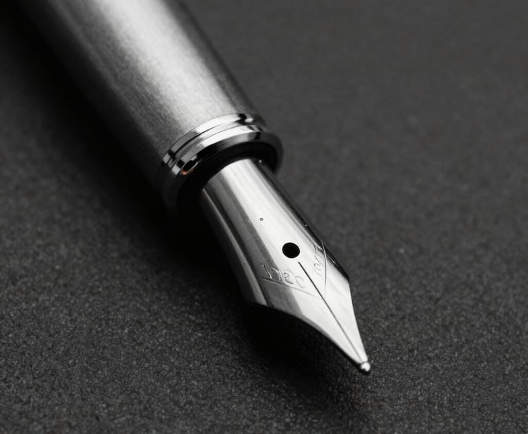 A macro shot of a fountain pen nib on black paper. Precise metalwork, professional and authoritative feel. Monochrome lighting.