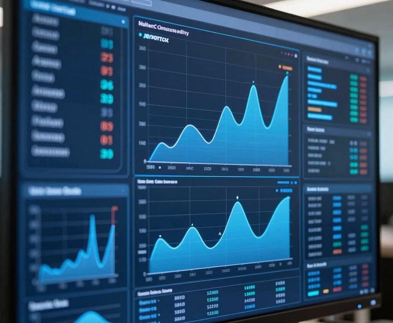 Close-up of a high-tech data visualization screen with vibrant blue charts and graphs, shot in a North American / US corporate office.