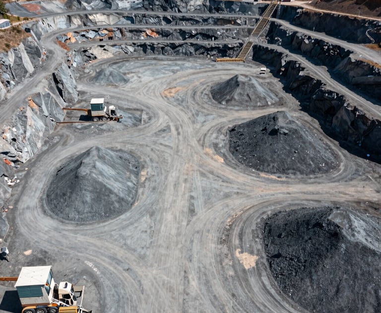 A wide aerial photograph of an industrial quarry facility at midday, with clear pathways and organized material stockpiles in shades of gray.
