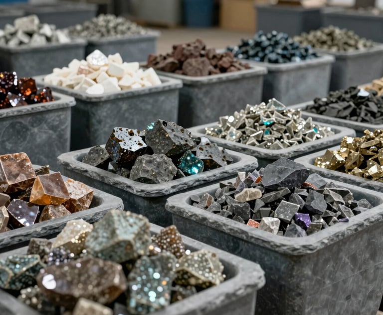 An industrial warehouse setting where sorted minerals are stored in slate gray containers, clean and organized.