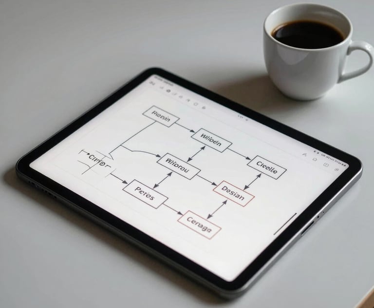 A clean, minimalist desk with a digital tablet showing a flow chart and a cup of coffee. High contrast photography with soft shadows.