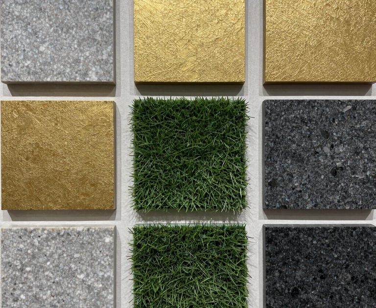 A high-quality physical presentation board showcasing luxurious material samples: grey travertine pavers, textured gold claddings, synthetic turf fibers, and dark charcoal granite cubes, arranged in a neat architectural grid.
