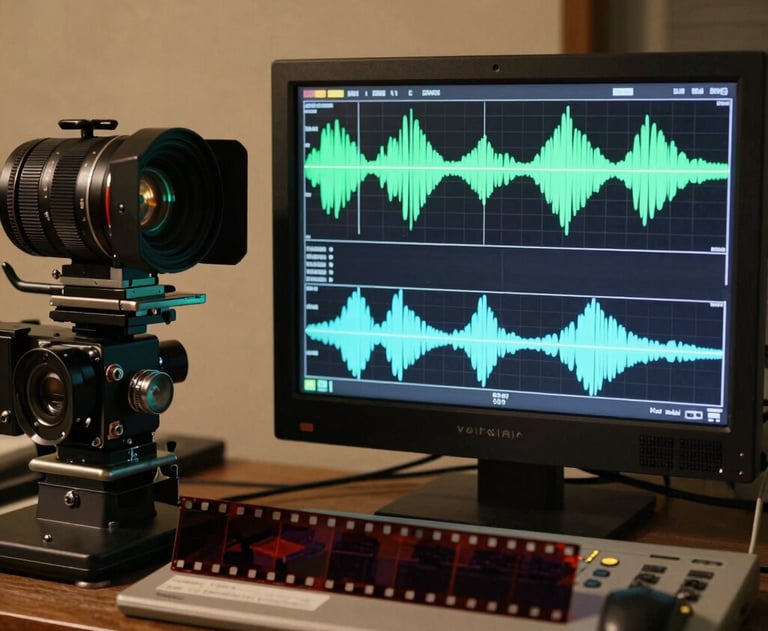 A photograph showing a film strip alongside a digital waveform monitor. Blending the history of cinema with modern technical excellence. Warm lighting.