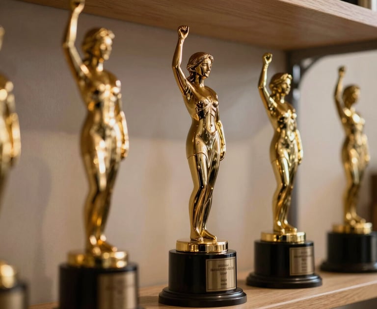 Close-up of an awards shelf in a professional studio, with statues reflecting warm ambient light. Represents industry recognition and trust.