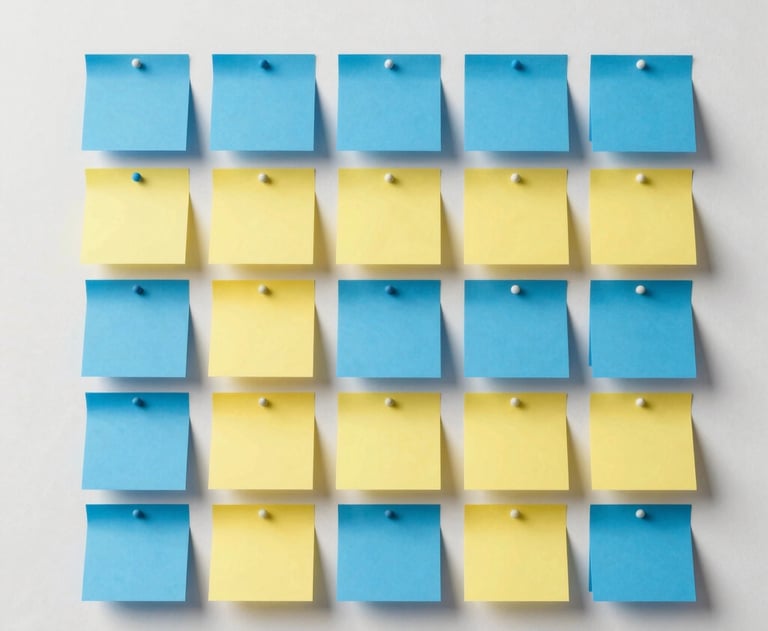 Photography of a clean, minimalist wall with several blue and yellow post-its arranged in a neat grid. Represents organization and MoSCoW prioritization.