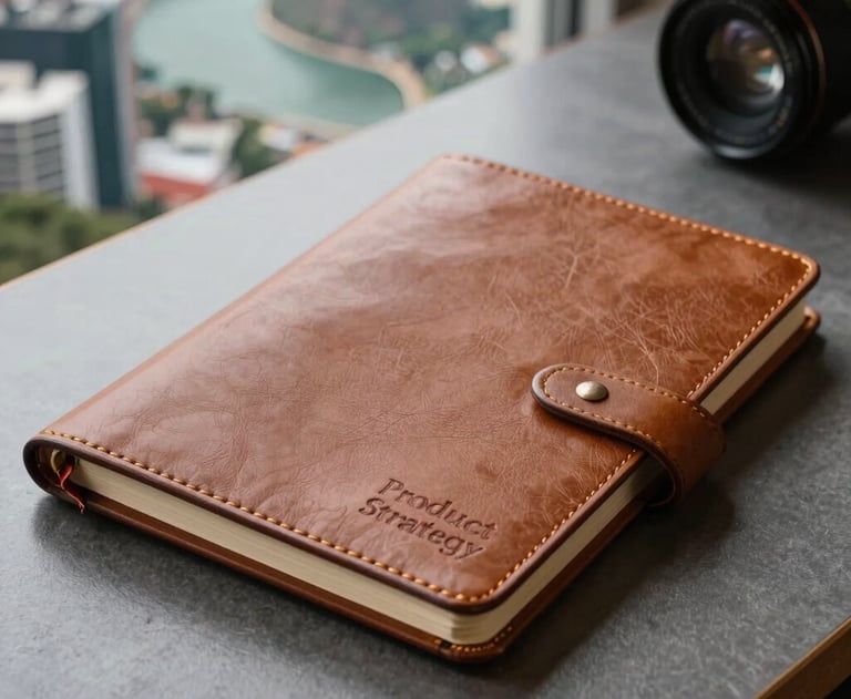 A close-up of a high-quality leather notebook with 'Product Strategy' embossed on it, lying on a modern desk with a South American city view. Professional lighting.