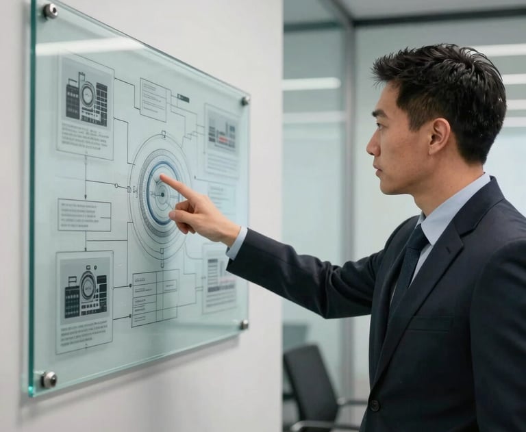 A focused, professional security consultant pointing at a technical diagram on a wall-mounted glass board. The setting is a clean, modern North American conference room.