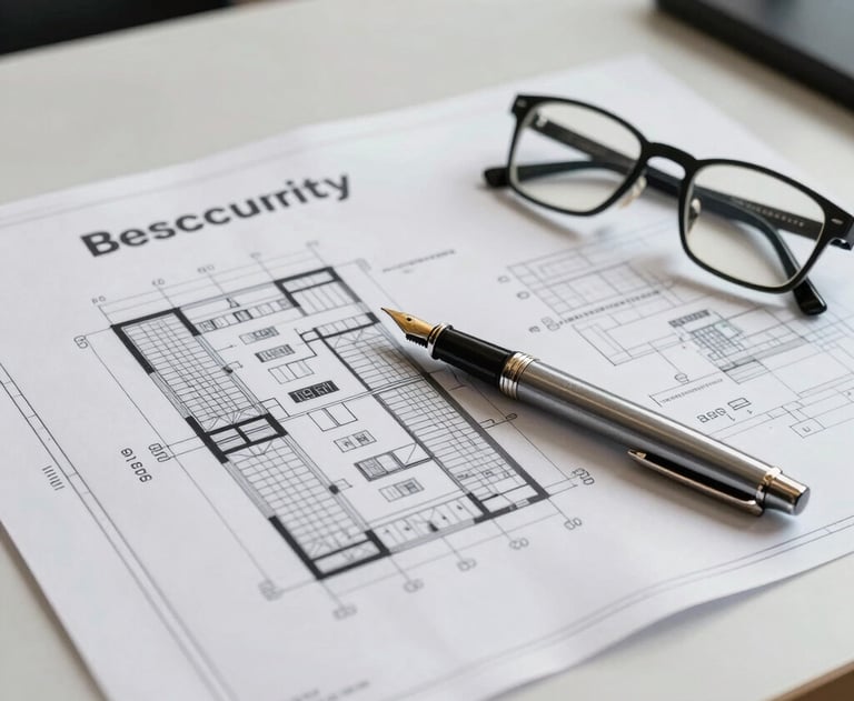 A professional blueprint of a building security layout spread across a clean desk. A high-end fountain pen and a pair of spectacles rest on the paper. North American office setting.