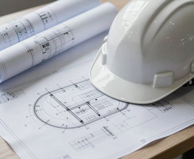 A high-resolution photograph of a set of blueprints and a professional engineer's helmet on a desk.