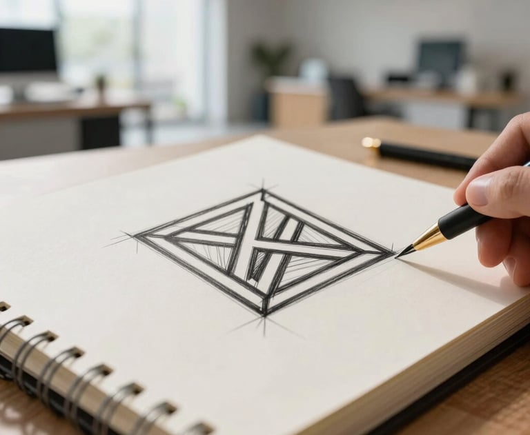 Close-up of a high-quality sketchbook with a hand-drawn geometric logo in a bright, modern North American studio space with soft natural light.