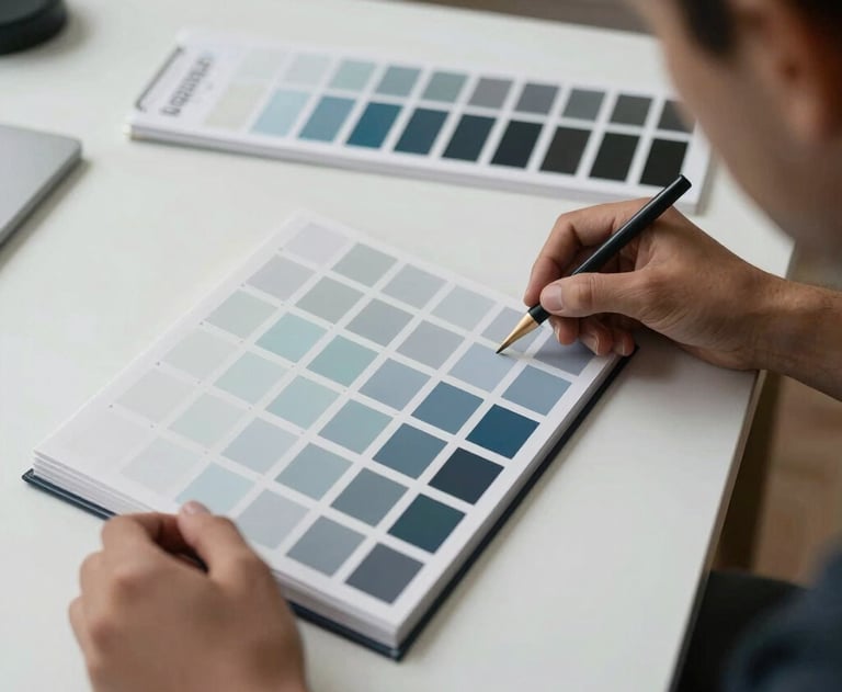 A designer at a white desk in a North American studio using a color swatch book to select precise shades of gray-blue for a client's branding project.