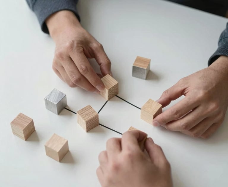 An overhead shot of a person mapping out a strategy with small wooden blocks on a white desk. Minimalist, organized, and focused. Tones of charcoal and silver.
