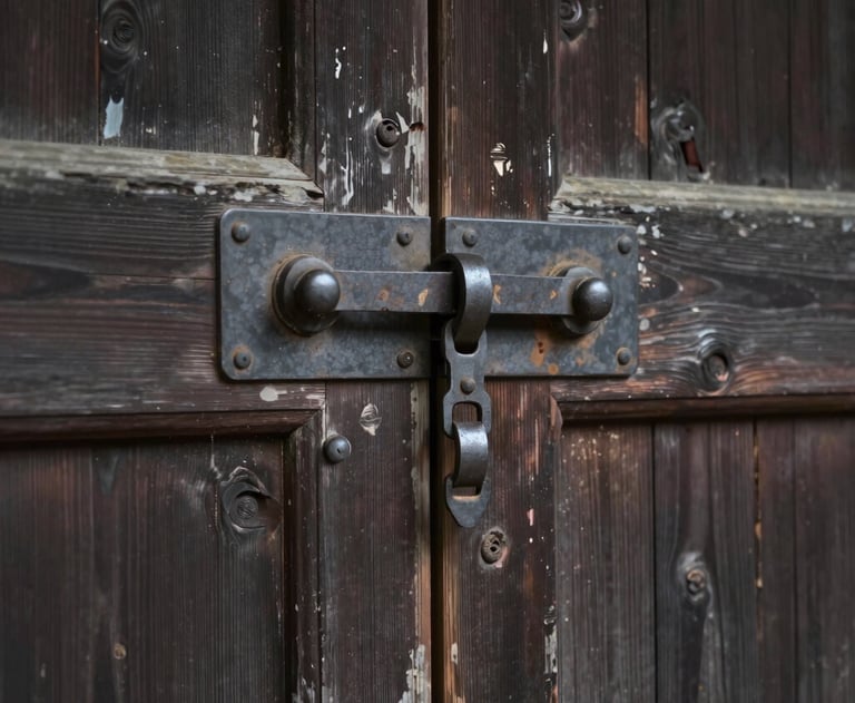 Close-up of an old, weathered wooden door in a Japanese temple. Detail of the metal latch and the texture of the dark wood. Muted charcoal tones.