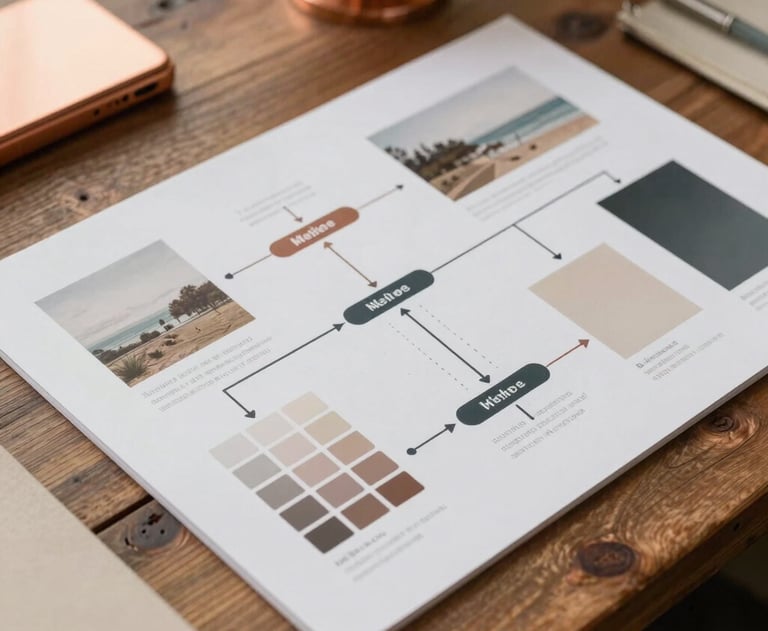 A close-up of a structured visual design roadmap and material moodboard on a rustic wood desk with warm copper and beige accents.