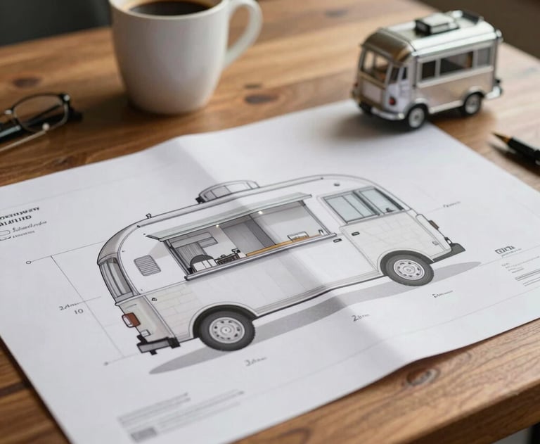 A close-up photograph of architectural plans for a customized food trailer spread out on a wooden table, next to a warm cup of coffee, cozy professional mood.