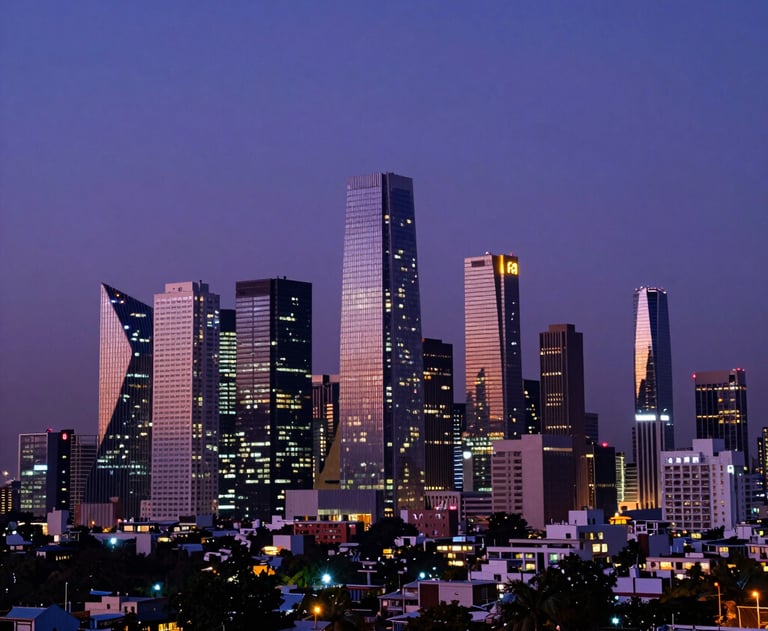 A cinematic shot of a modern Indian city skyline at twilight, with deep purple and blue hues in the sky. The city lights are sharp and futuristic.
