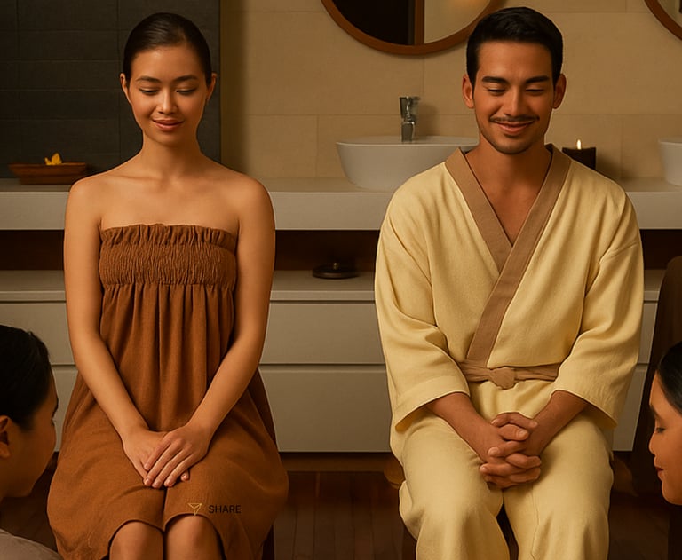 A man and woman enjoy a relaxing luxury spa treatment in a modern wellness center.