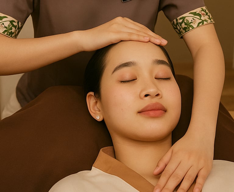 A woman receiving a relaxing professional head and facial massage at a luxury wellness spa.
