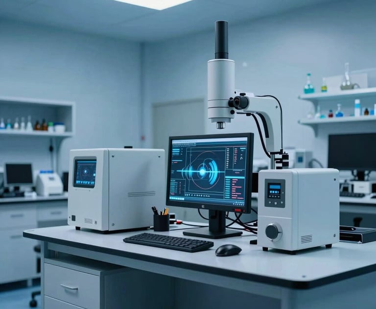 Clean, high-resolution photograph of a North American tech lab with sky blue lighting and high-tech equipment, symbolizing research and innovation.