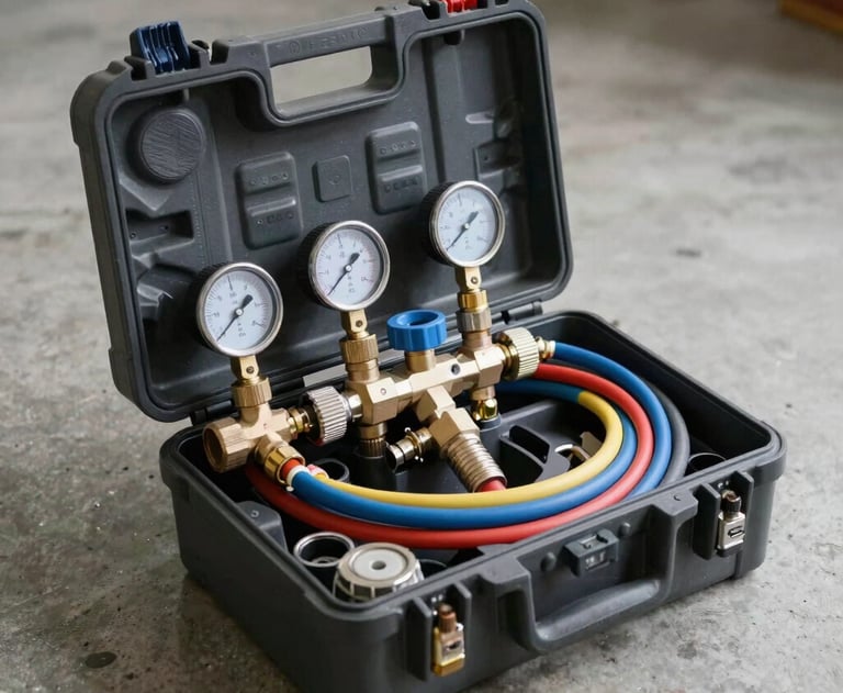 A professional backflow assembly testing kit in a durable hard case, with gauge meters, valves, and color-coded hoses, resting on a clean concrete floor under soft utility light.