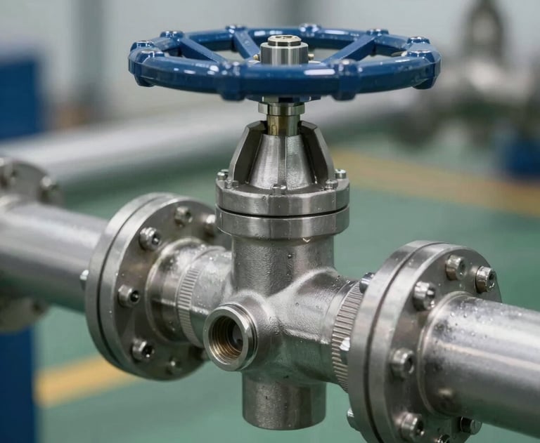A clean close-up shot of a stainless steel backflow prevention assembly valve installed on an industrial water riser pipe, professional commercial setting.