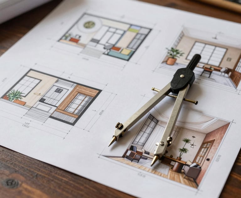 Architectural plans and interior design sketches laid out on a dark wooden table with a professional drafting compass. South Asian / Indian design context.