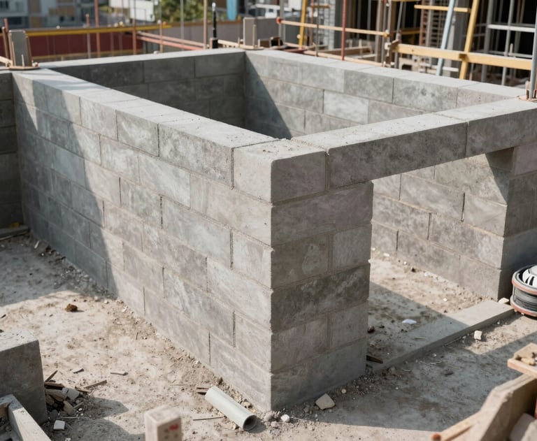 A photograph showing the 'before and after' progress of a civil construction site, highlighting clean masonry and organized workspace.