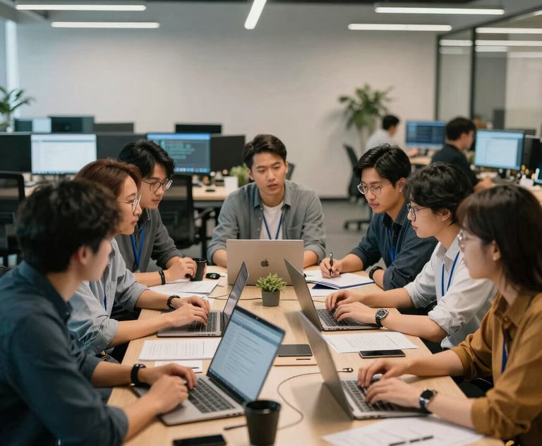 A team of software engineers engaged in a daily agile stand-up meeting in a high-tech corporate office, modern technology environment, North American / US.