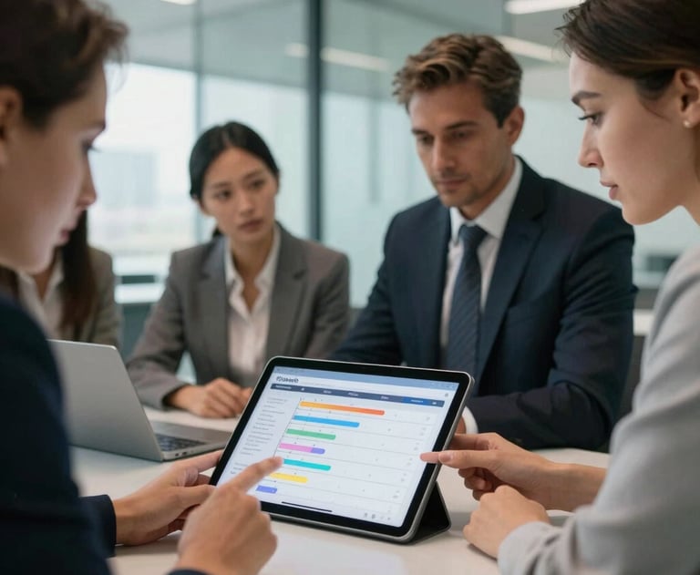 A close-up of a diverse group of corporate professionals reviewing a complex project timeline on a tablet in a modern glass-walled conference room.