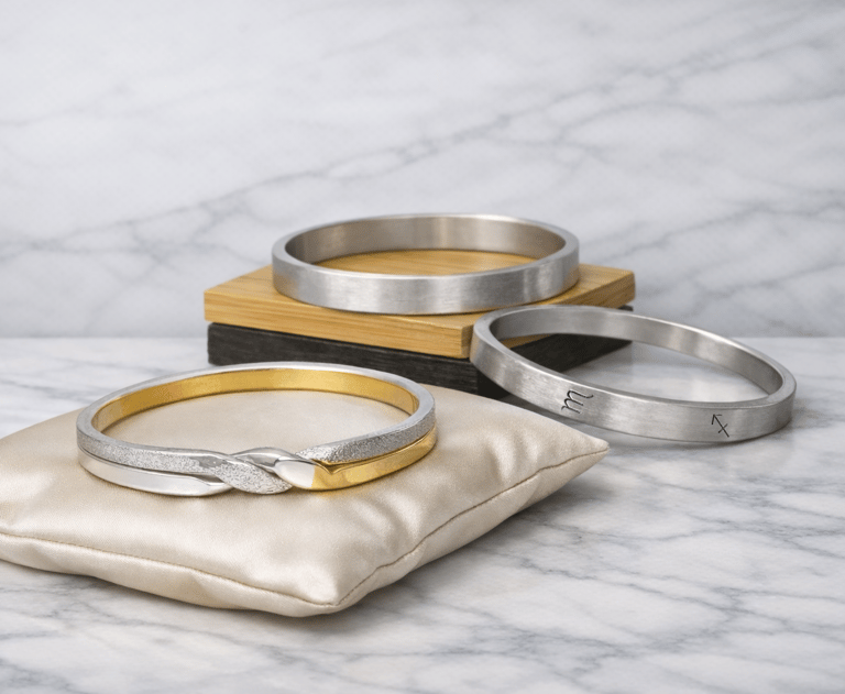 Brushed silver bangles arranged on light marble to show their refined matte finish