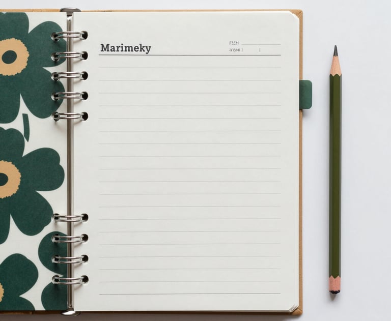 A top-down shot of a workspace featuring a Marimekko-patterned planner and an olive green pencil. Clean, minimalistic, and sophisticated.