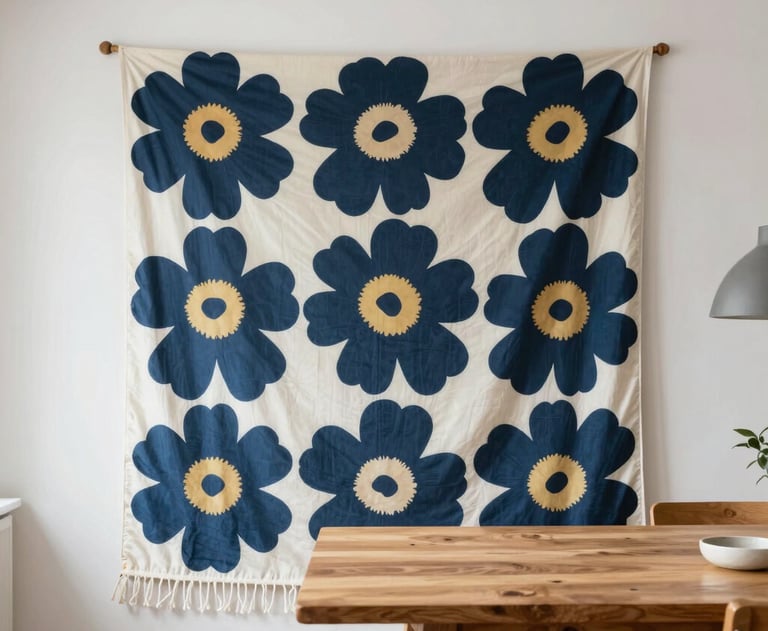 A bright, clean studio interior in Windermere, Durban, with a large Marimekko pattern hanging as a backdrop. Professional lighting and a minimalistic wooden table are present. Authentic and inspiring.