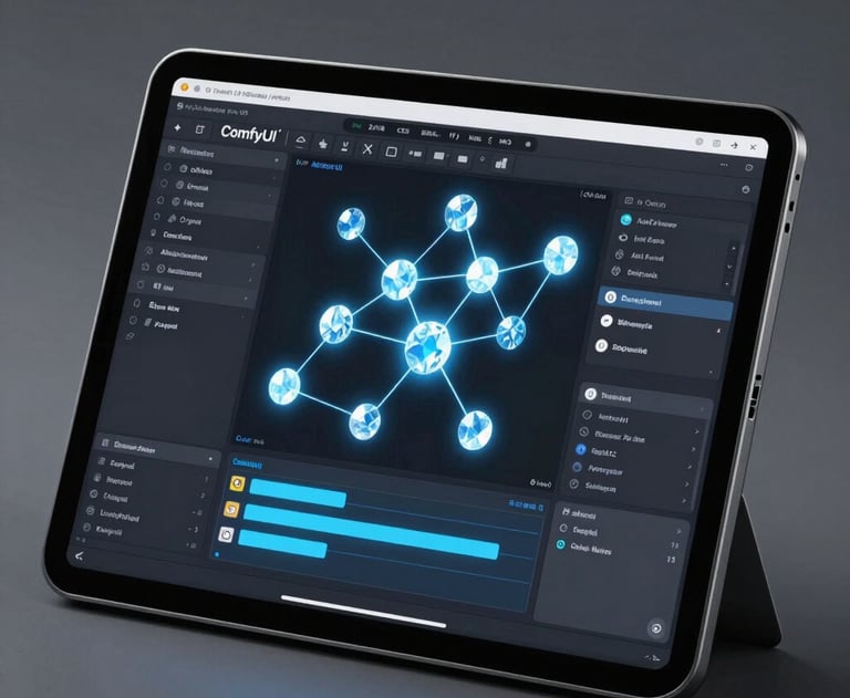Clean studio photography of a high-resolution tablet screen showing complex node-based software (ComfyUI), glowing with ice blue light, North American / US.